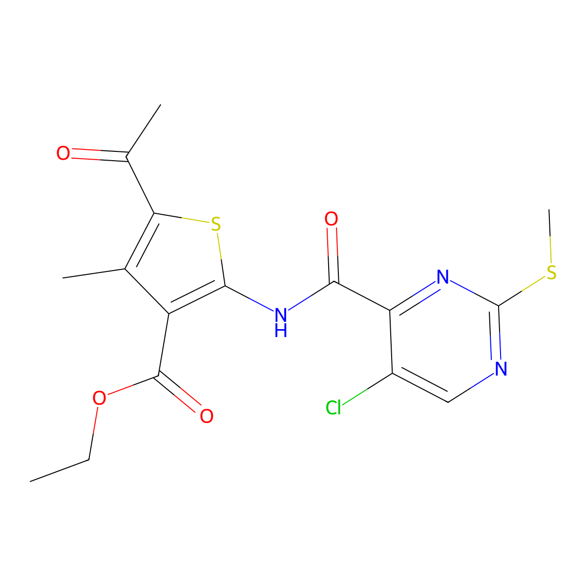 Ethyl 5-acetyl-2-[(5-chloro-2-methylsulfanylpyrimidine-4-carbonyl)amino]-4-methylthiophene-3-carboxylate molecular structure, CAS 838810-63-2