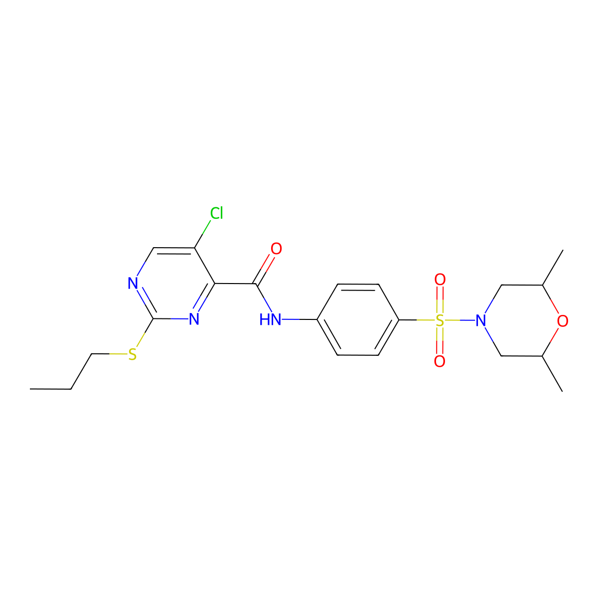 5-chloro-N-{4-[(2,6-dimethyl-4-morpholinyl)sulfonyl]phenyl}-2-(propylthio)-4-pyrimidinecarboxamide molecular structure, CAS 838811-17-9