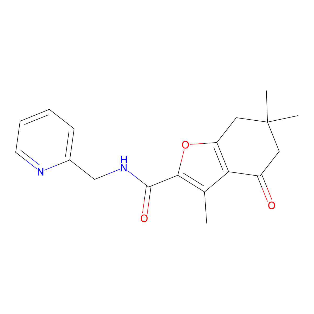3,6,6-trimethyl-4-oxo-N-(pyridin-2-ylmethyl)-4,5,6,7-tetrahydro-1-benzofuran-2-carboxamide molecular structure, CAS 838811-98-6