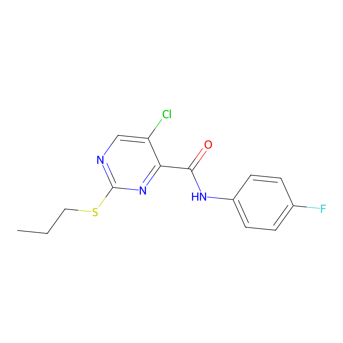 5-chloro-N-(4-fluorophenyl)-2-(propylsulfanyl)pyrimidine-4-carboxamide molecular structure, CAS 838812-07-0
