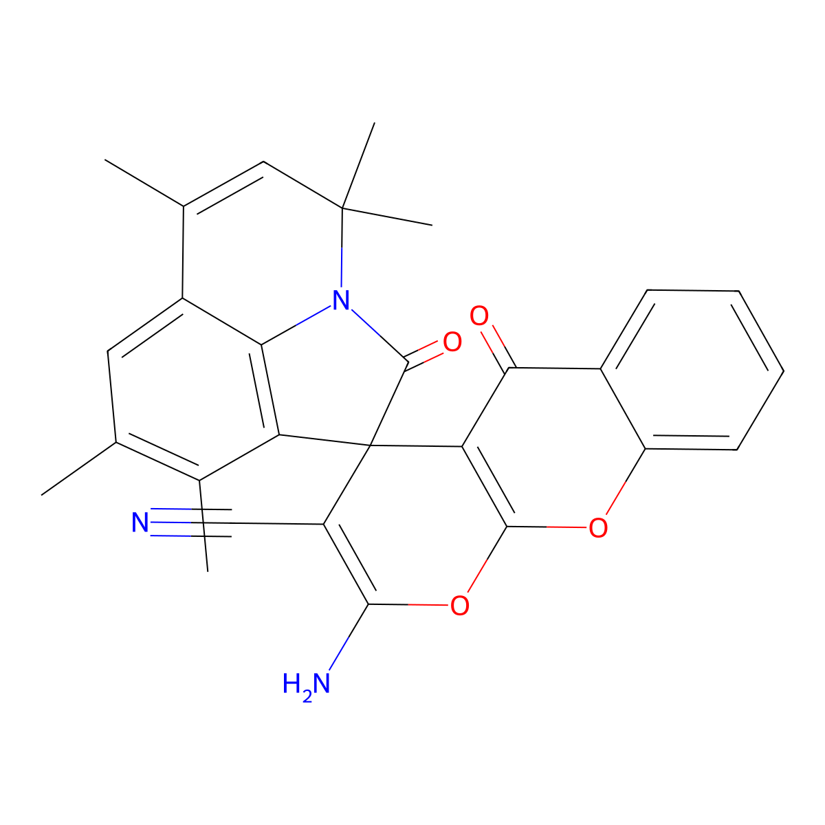 2-amino-4',4',6',8',9'-pentamethyl-2',5-dioxo-4'H,5H-spiro[pyrano[2,3-b]chromene-4,1'-pyrrolo[3,2,1-ij]quinoline]-3-carbonitrile molecular structure, CAS 838812-36-5