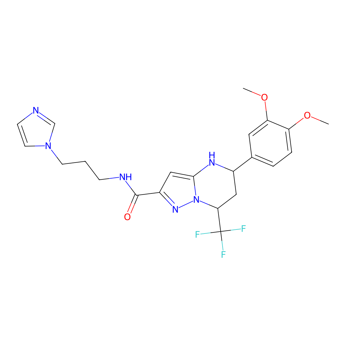 5-(3,4-dimethoxyphenyl)-N-[3-(1H-imidazol-1-yl)propyl]-7-(trifluoromethyl)-4,5,6,7-tetrahydropyrazolo[1,5-a]pyrimidine-2-carboxamide molecular structure, CAS 838813-24-4