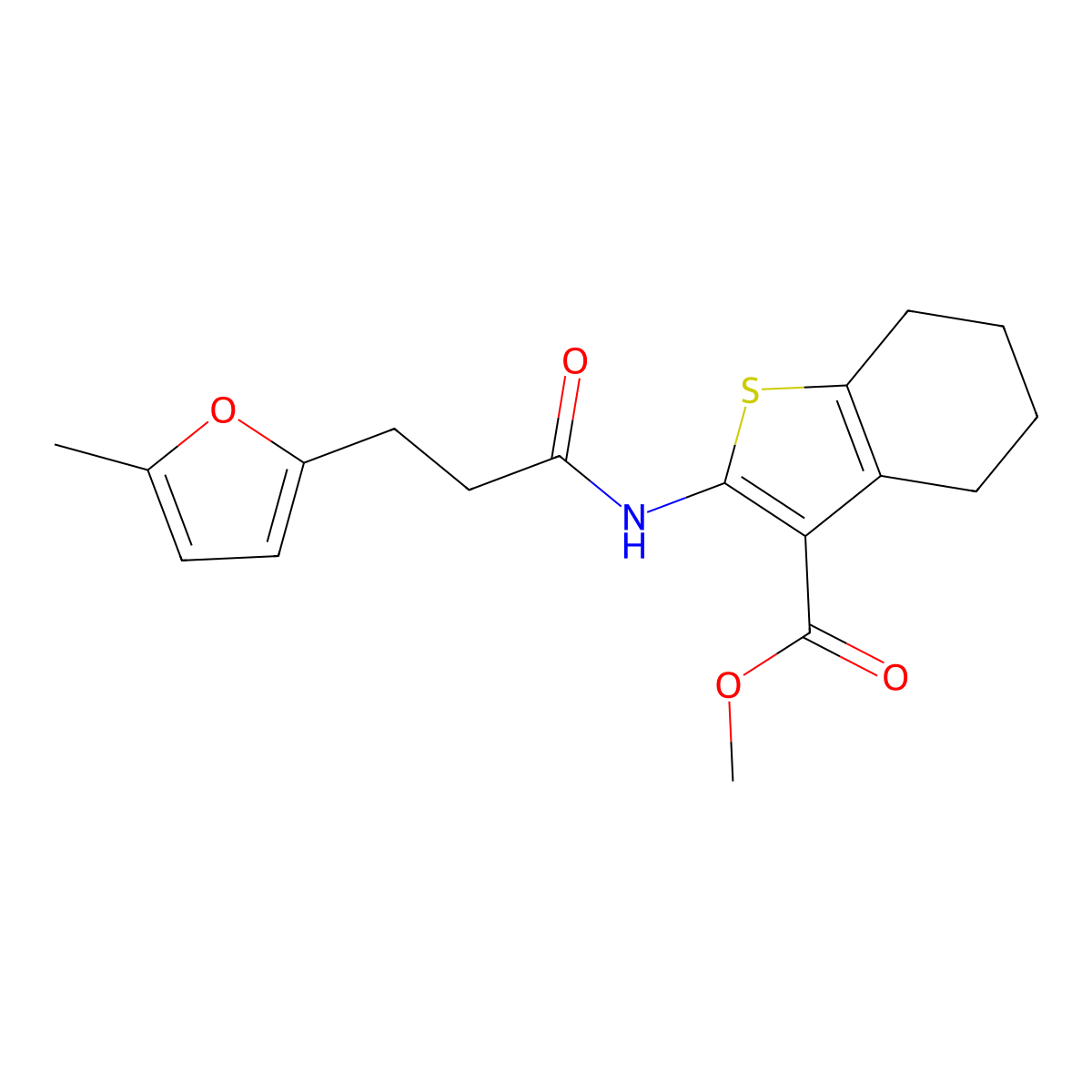 Methyl 2-(3-(5-methylfuran-2-yl)propanamido)-4,5,6,7-tetrahydrobenzo[b]thiophene-3-carboxylate molecular structure, CAS 838813-66-4