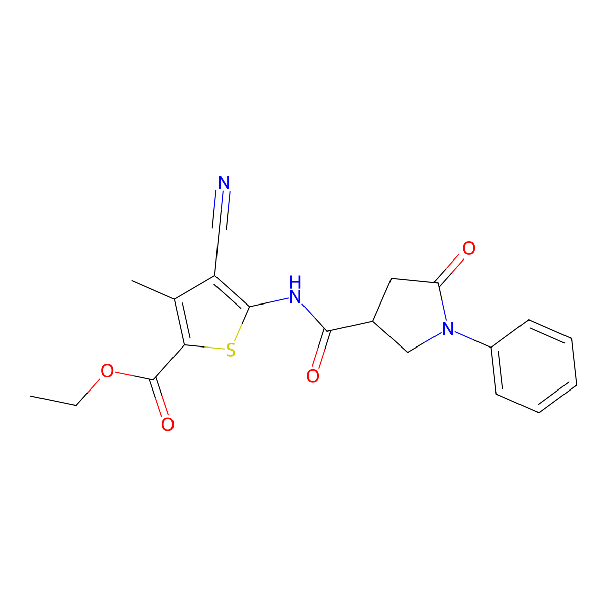 Ethyl 4-cyano-3-methyl-5-{[(5-oxo-1-phenylpyrrolidin-3-yl)carbonyl]amino}thiophene-2-carboxylate molecular structure, CAS 838814-11-2