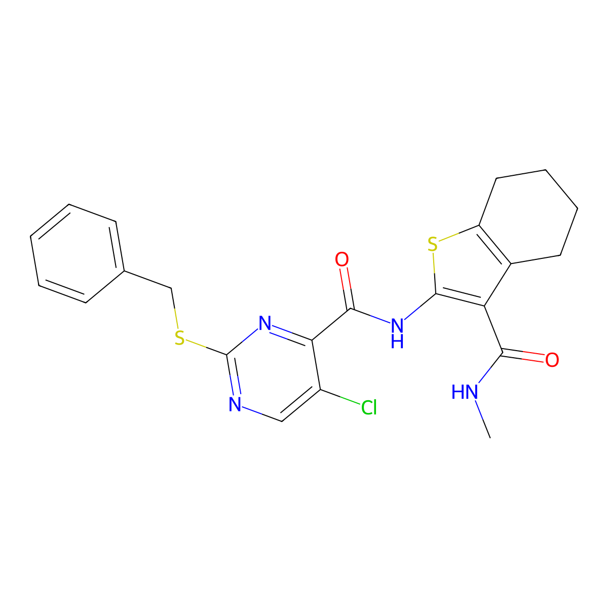 2-benzylsulfanyl-5-chloro-N-[3-(methylcarbamoyl)-4,5,6,7-tetrahydro-1-benzothiophen-2-yl]pyrimidine-4-carboxamide molecular structure, CAS 838814-36-1