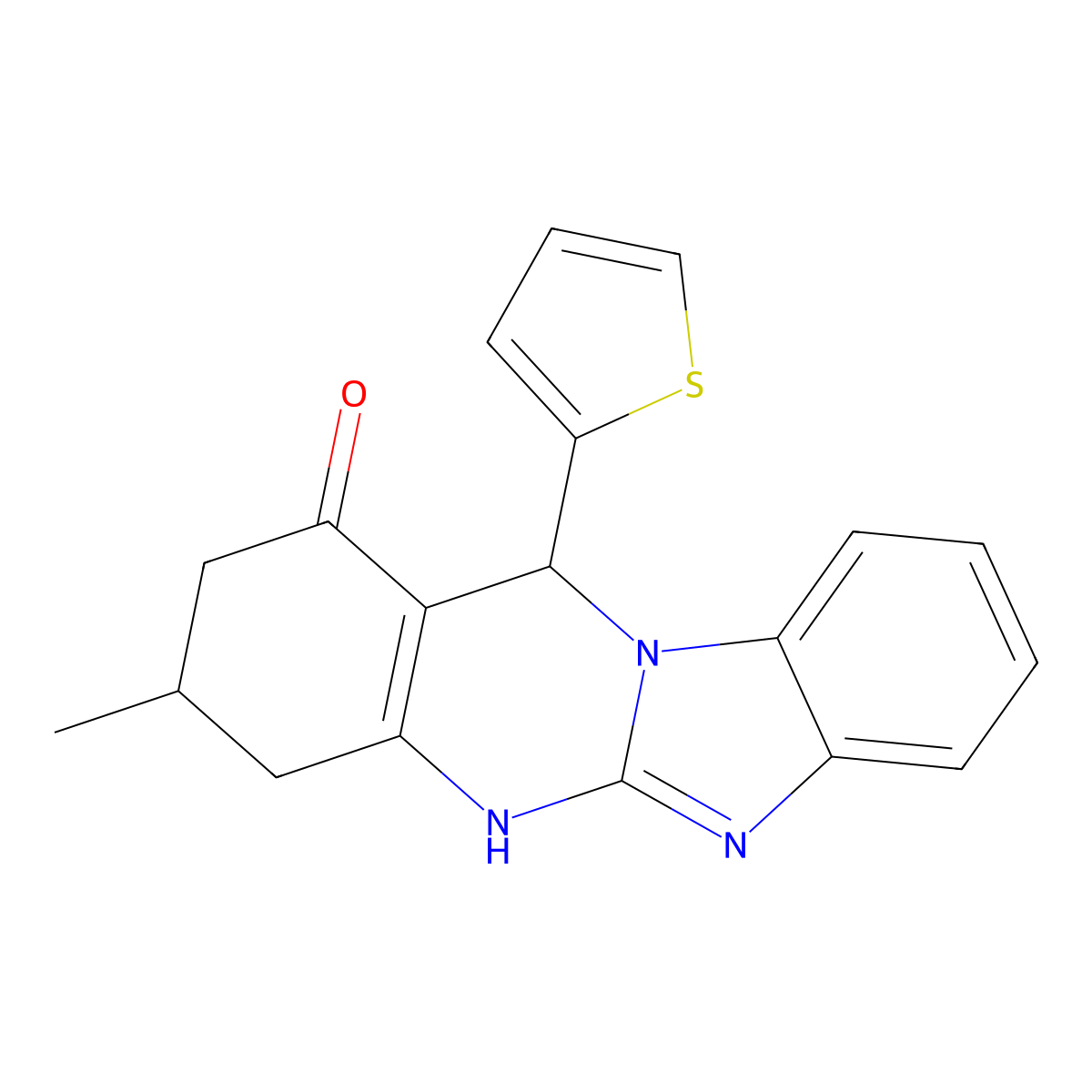 3-methyl-12-(thiophen-2-yl)-3,4,5,12-tetrahydrobenzimidazo[2,1-b]quinazolin-1(2H)-one molecular structure, CAS 838814-66-7