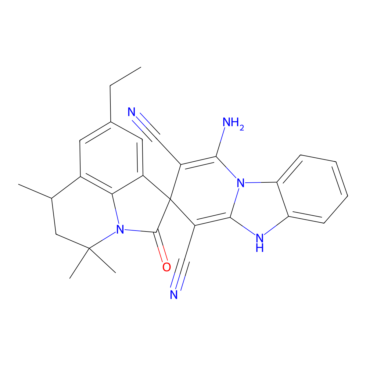 1-amino-8'-ethyl-4',4',6'-trimethyl-2'-oxo-5',6'-dihydro-4'H,5H-spiro[pyrido[1,2-a]benzimidazole-3,1'-pyrrolo[3,2,1-ij]quinoline]-2,4-dicarbonitrile molecular structure, CAS 838815-66-0