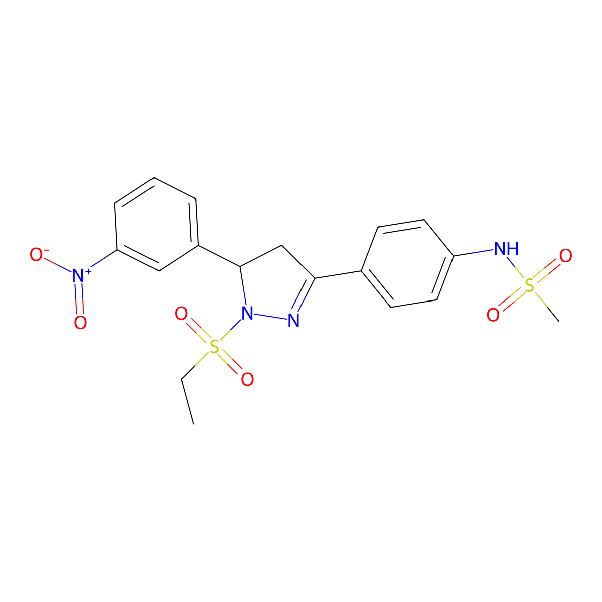 N-[4-[2-ethylsulfonyl-3-(3-nitrophenyl)-3,4-dihydropyrazol-5-yl]phenyl]methanesulfonamide molecular structure, CAS 838815-67-1