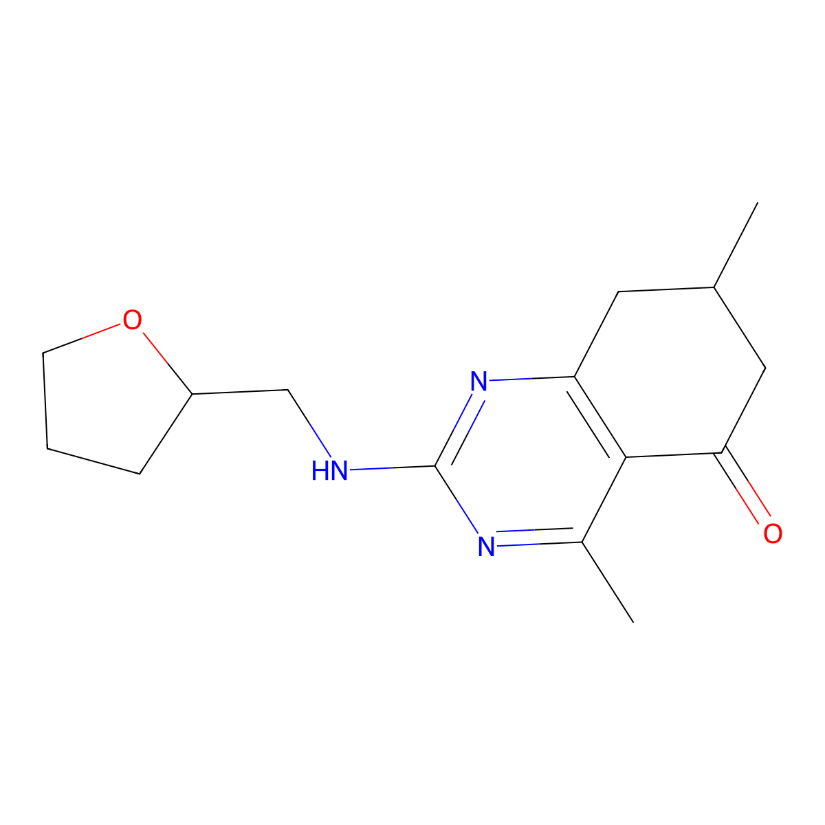 4,7-dimethyl-2-[(tetrahydrofuran-2-ylmethyl)amino]-7,8-dihydroquinazolin-5(6H)-one molecular structure, CAS 838815-91-1