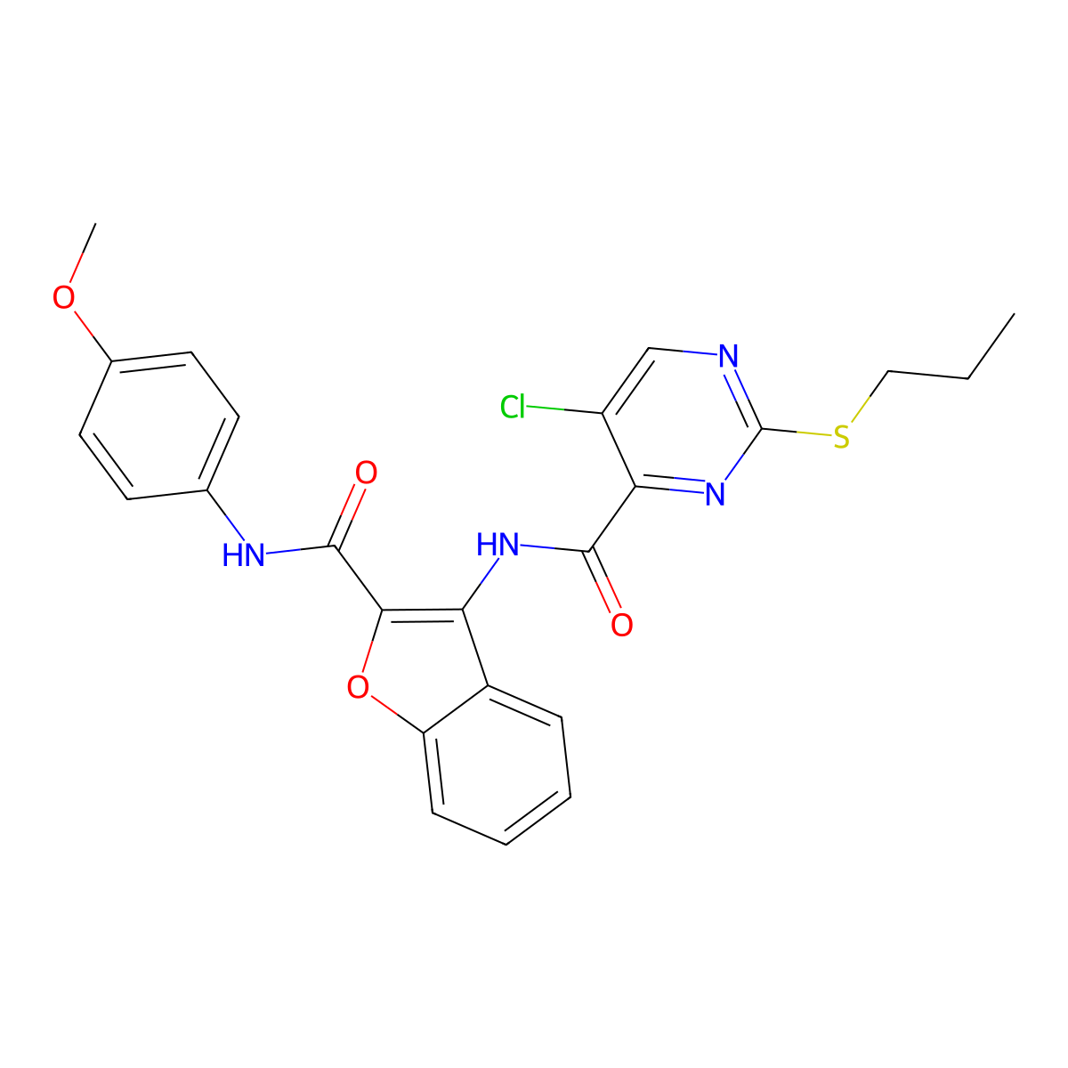 5-chloro-N-[2-[(4-methoxyphenyl)carbamoyl]-1-benzofuran-3-yl]-2-propylsulfanylpyrimidine-4-carboxamide molecular structure, CAS 838816-11-8