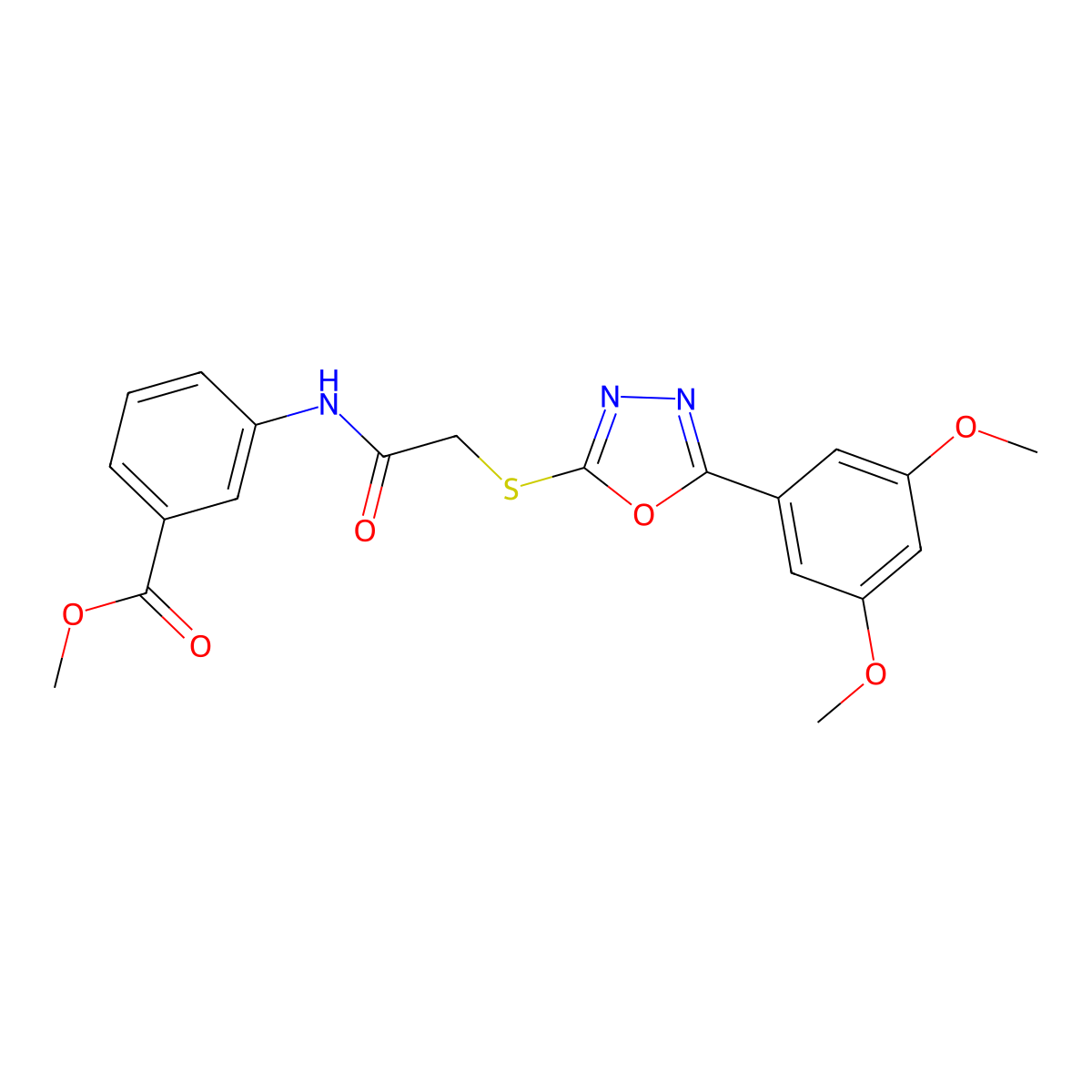 Methyl 3-(2-((5-(3,5-dimethoxyphenyl)-1,3,4-oxadiazol-2-yl)thio)acetamido)benzoate molecular structure, CAS 838816-57-2