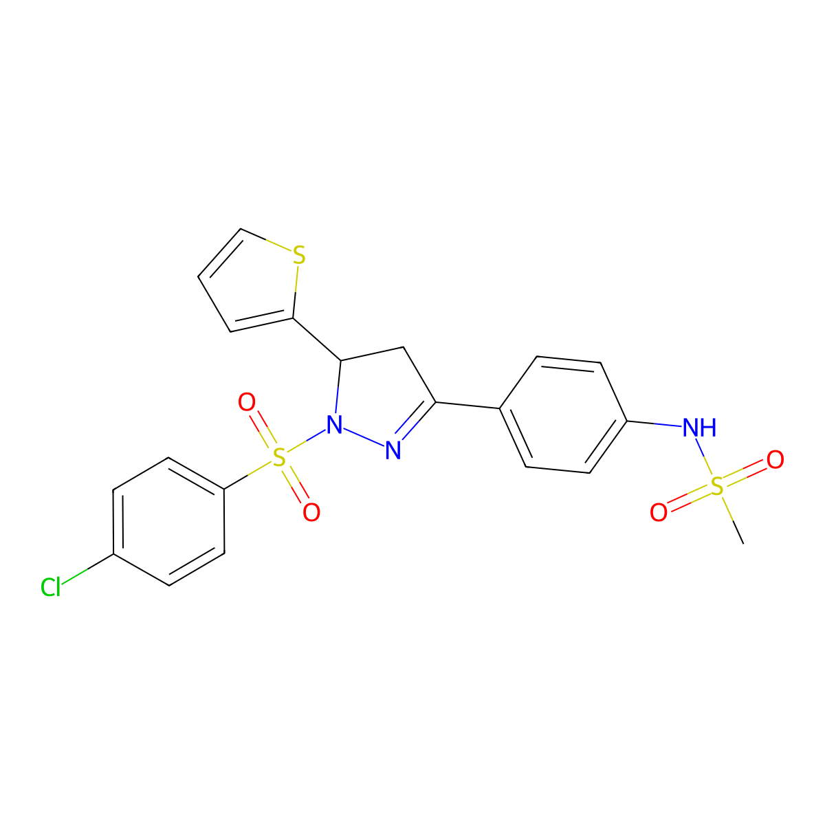 N-[4-[2-(4-chlorophenyl)sulfonyl-3-thiophen-2-yl-3,4-dihydropyrazol-5-yl]phenyl]methanesulfonamide molecular structure, CAS 838817-54-2
