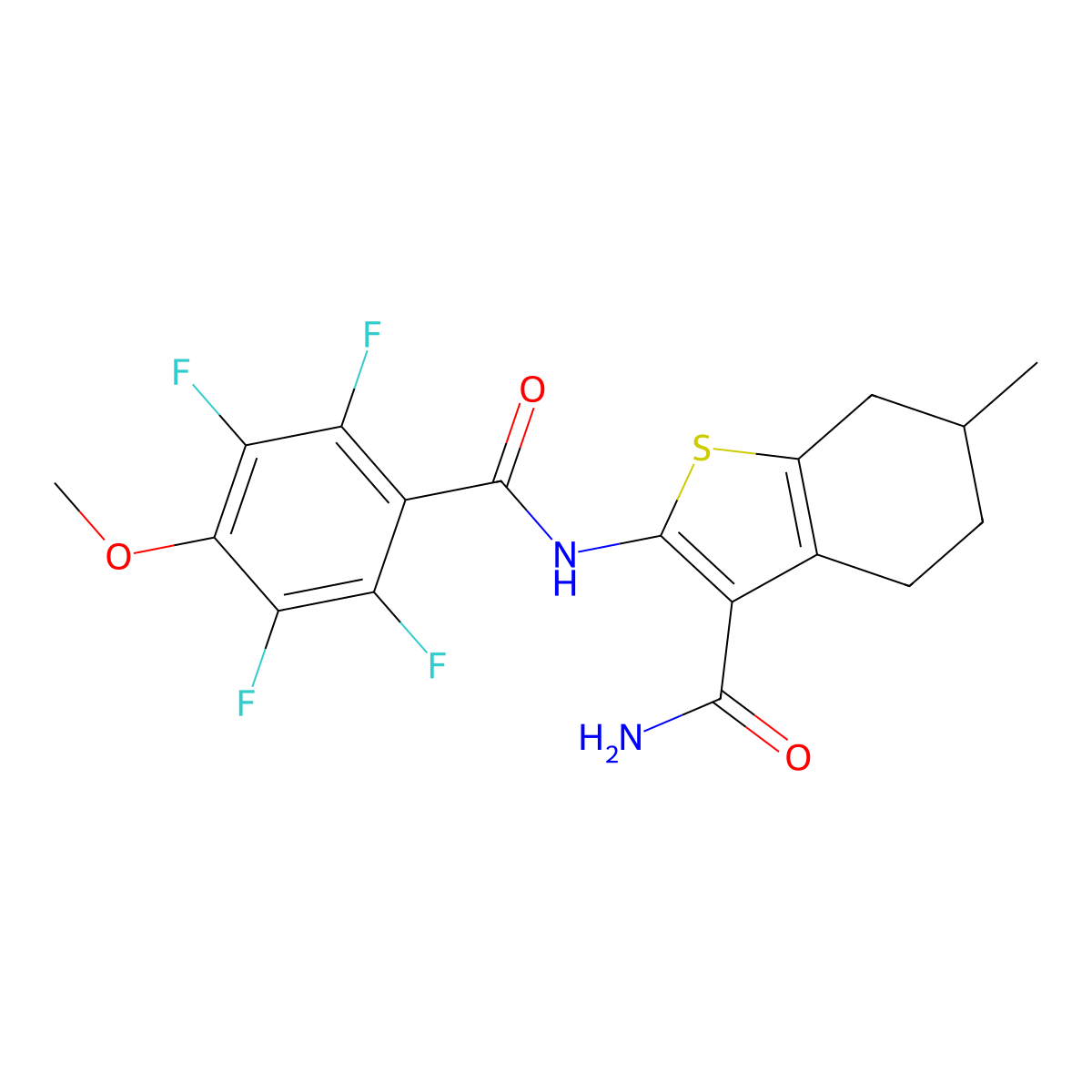 6-Methyl-2-[(2,3,5,6-tetrafluoro-4-methoxybenzoyl)amino]-4,5,6,7-tetrahydro-1-benzothiophene-3-carboxamide molecular structure, CAS 838842-58-3