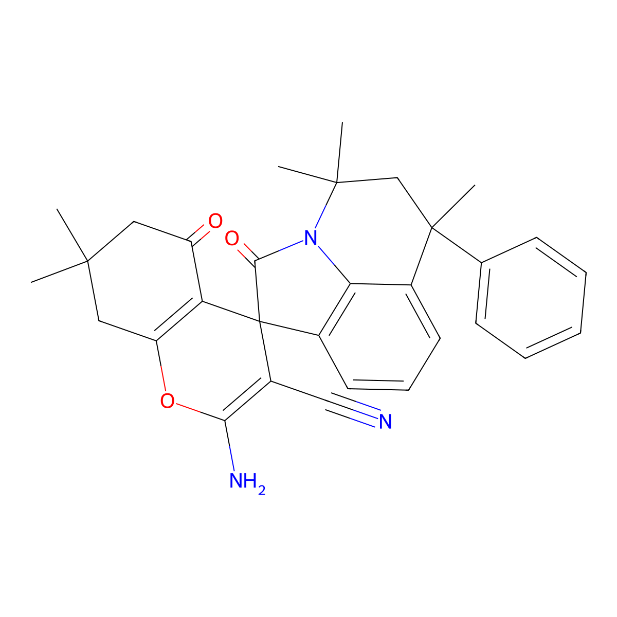 2-amino-4',4',6',7,7-pentamethyl-2',5-dioxo-6'-phenyl-5,5',6,6',7,8-hexahydro-4'H-spiro[chromene-4,1'-pyrrolo[3,2,1-ij]quinoline]-3-carbonitrile molecular structure, CAS 838842-88-9