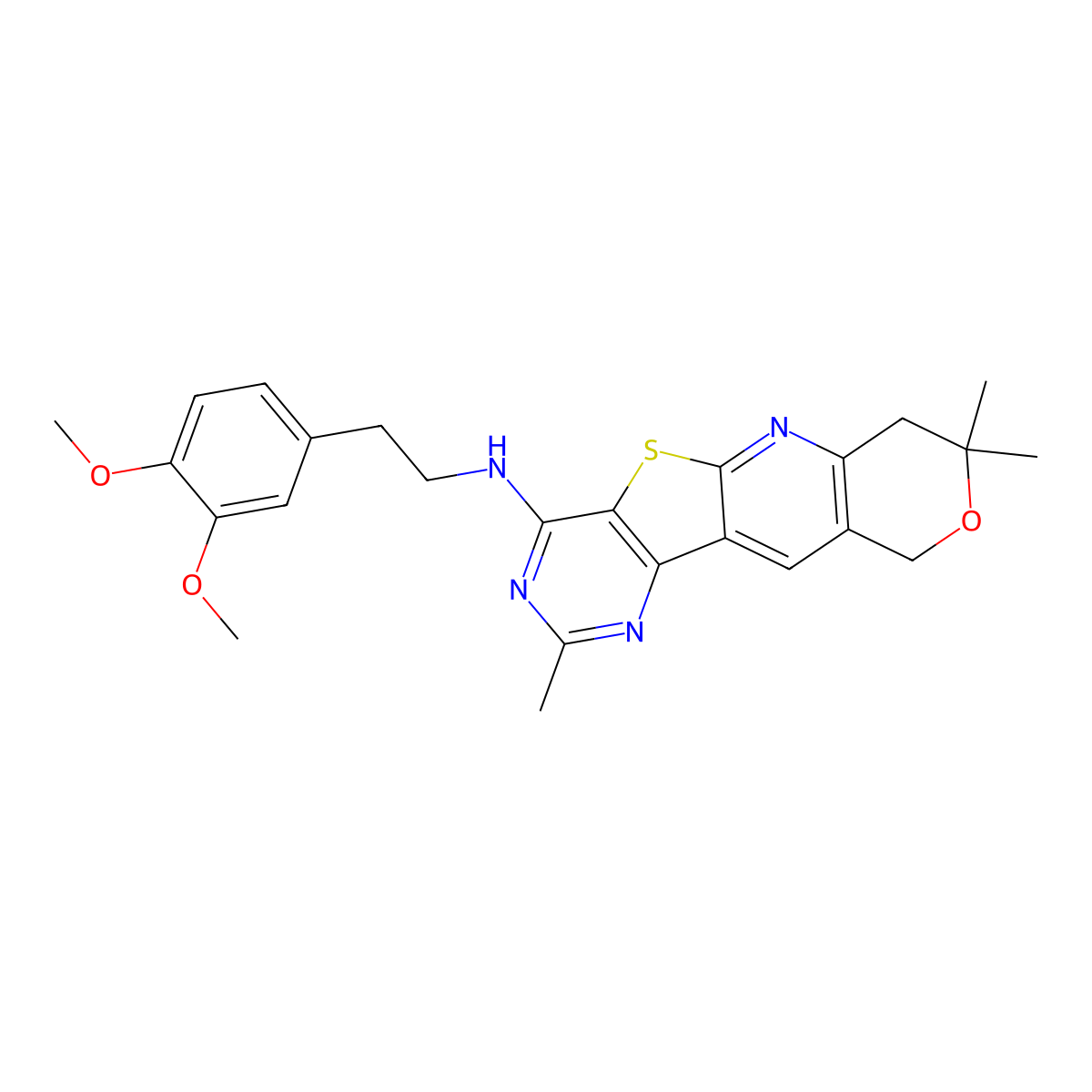 N-(3,4-dimethoxyphenethyl)-2,8,8-trimethyl-8,10-dihydro-7H-pyrano[3'',4'':5',6']pyrido[3',2':4,5]thieno[3,2-d]pyrimidin-4-amine molecular structure, CAS 838842-98-1