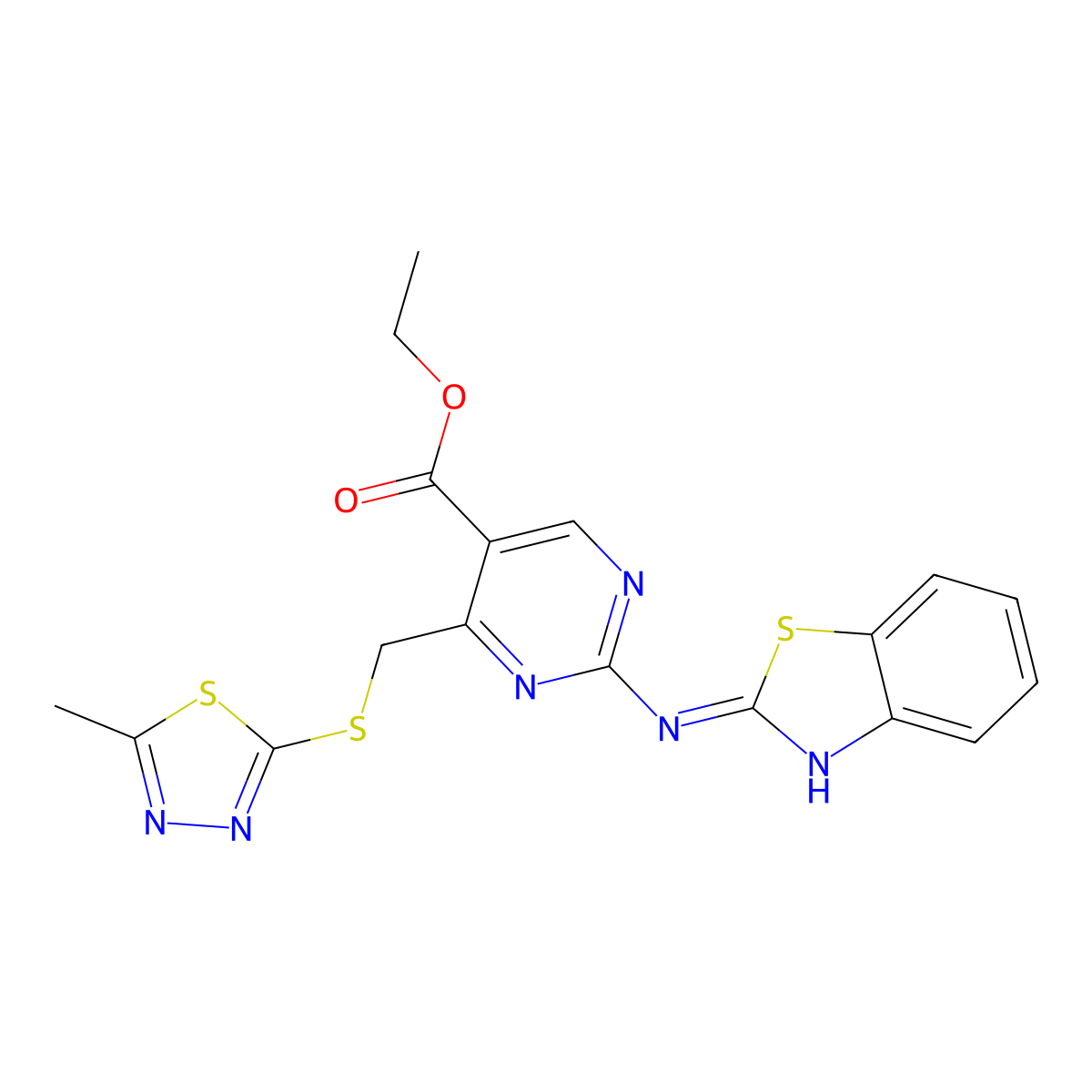 Ethyl 2-(1,3-benzothiazol-2-ylamino)-4-{[(5-methyl-1,3,4-thiadiazol-2-yl)sulfanyl]methyl}pyrimidine-5-carboxylate molecular structure, CAS 838844-16-9