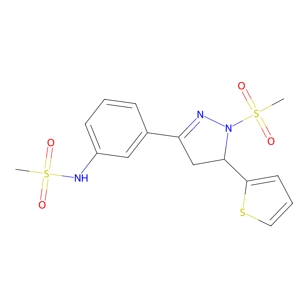 N-(3-(1-(methylsulfonyl)-5-(thiophen-2-yl)-4,5-dihydro-1H-pyrazol-3-yl)phenyl)methanesulfonamide molecular structure, CAS 838844-71-6