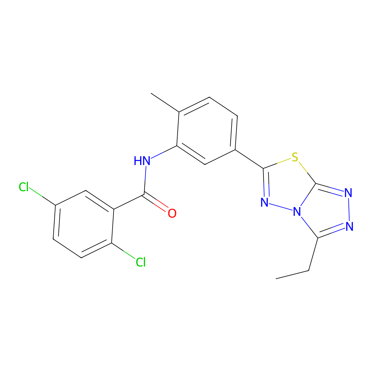 2,5-dichloro-N-[5-(3-ethyl[1,2,4]triazolo[3,4-b][1,3,4]thiadiazol-6-yl)-2-methylphenyl]benzamide molecular structure, CAS 838844-89-6