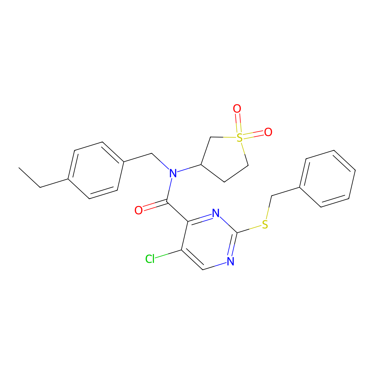 2-benzylsulfanyl-5-chloro-N-(1,1-dioxothiolan-3-yl)-N-[(4-ethylphenyl)methyl]pyrimidine-4-carboxamide molecular structure, CAS 838849-19-7