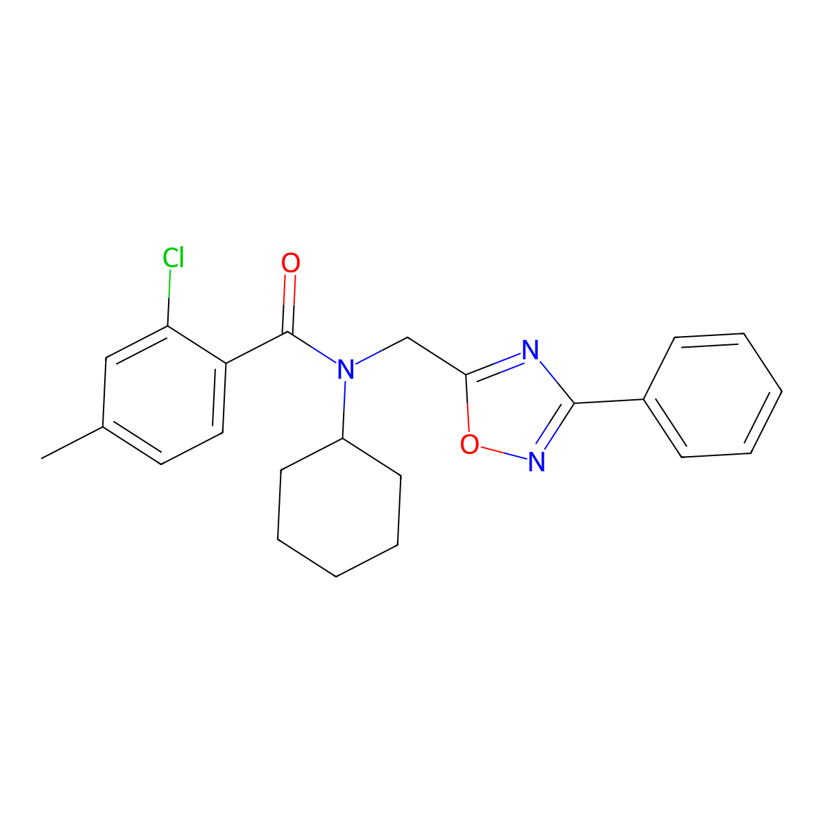 2-chloro-N-cyclohexyl-4-methyl-N-[(3-phenyl-1,2,4-oxadiazol-5-yl)methyl]benzamide molecular structure, CAS 838849-78-8