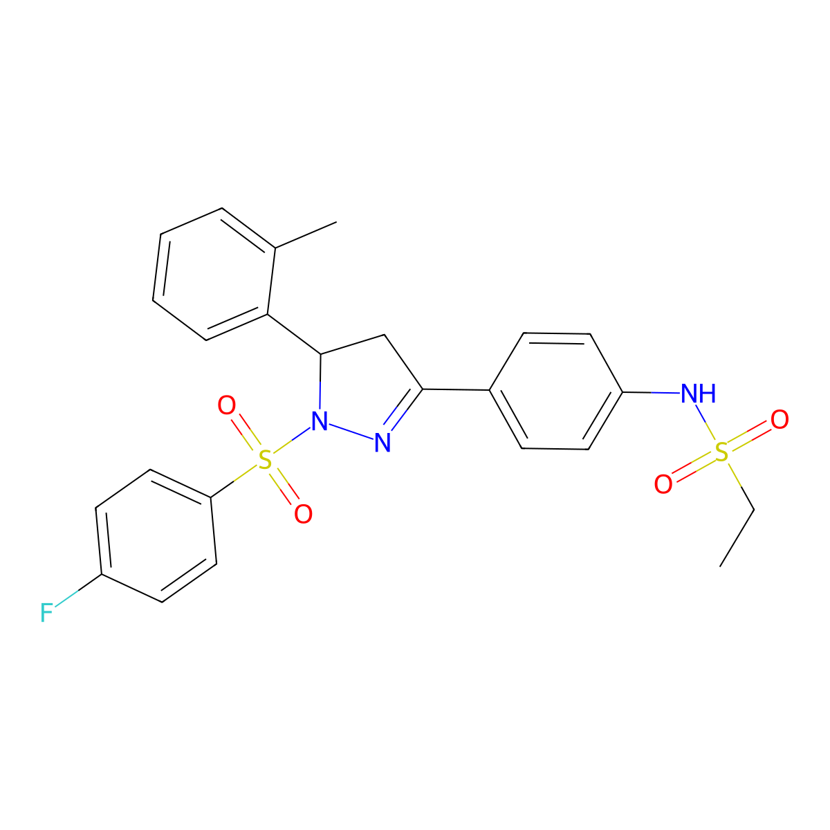 N-(4-(1-((4-fluorophenyl)sulfonyl)-5-(o-tolyl)-4,5-dihydro-1H-pyrazol-3-yl)phenyl)ethanesulfonamide molecular structure, CAS 838849-88-0