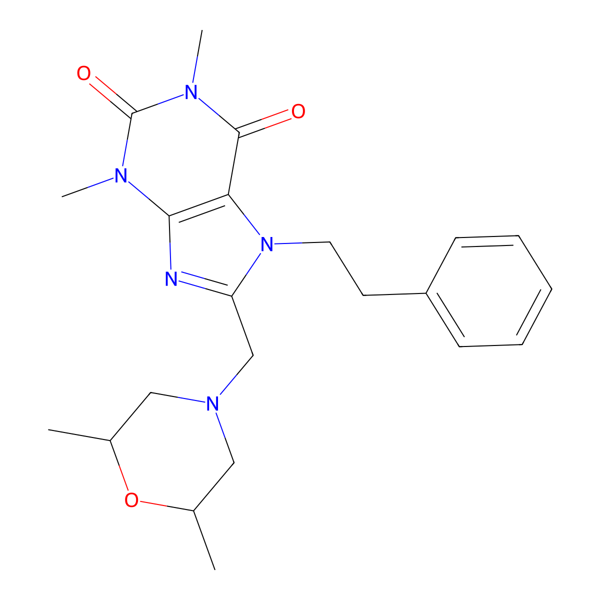 8-[(2,6-dimethylmorpholin-4-yl)methyl]-1,3-dimethyl-7-(2-phenylethyl)-3,7-dihydro-1H-purine-2,6-dione molecular structure, CAS 838851-04-0