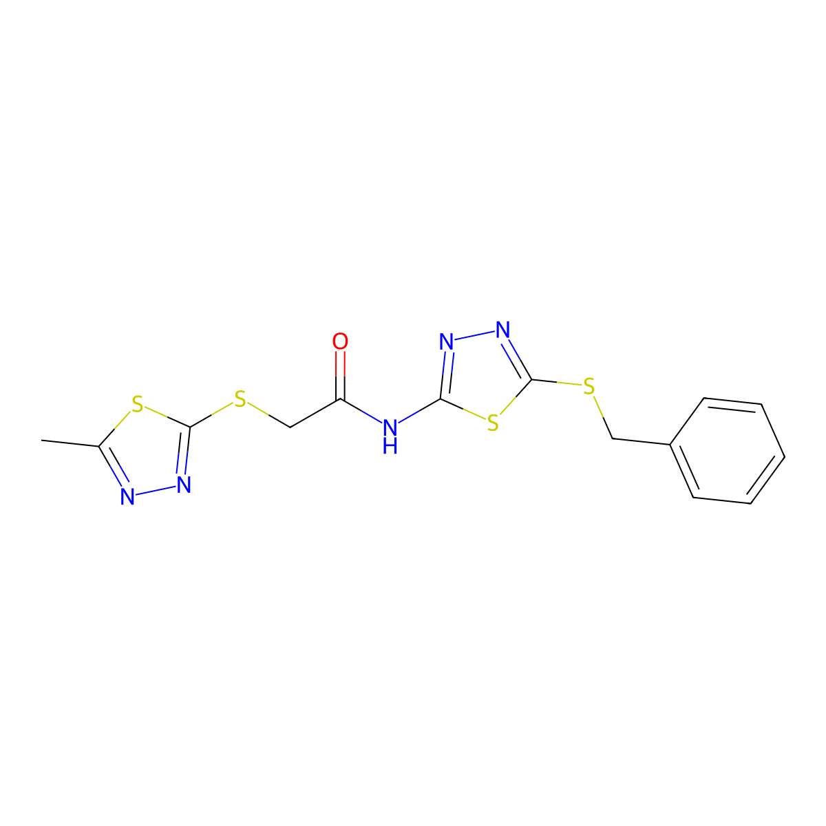 N-(5-benzylsulfanyl-1,3,4-thiadiazol-2-yl)-2-[(5-methyl-1,3,4-thiadiazol-2-yl)sulfanyl]acetamide molecular structure, CAS 838851-70-0