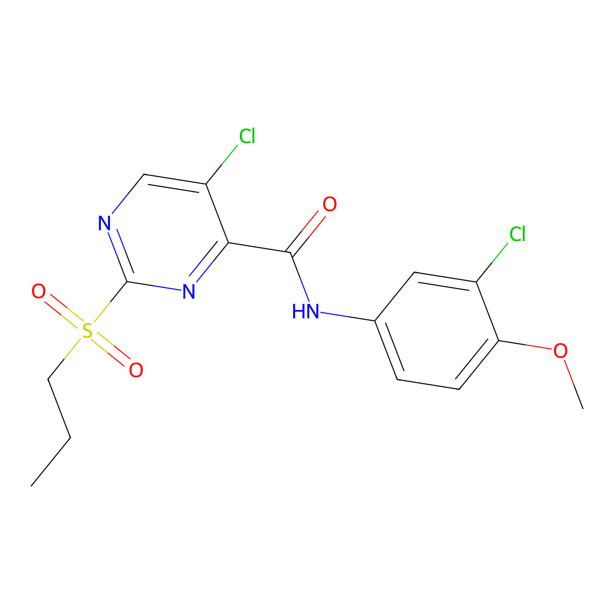 5-chloro-N-(3-chloro-4-methoxyphenyl)-2-propylsulfonylpyrimidine-4-carboxamide molecular structure, CAS 838851-75-5