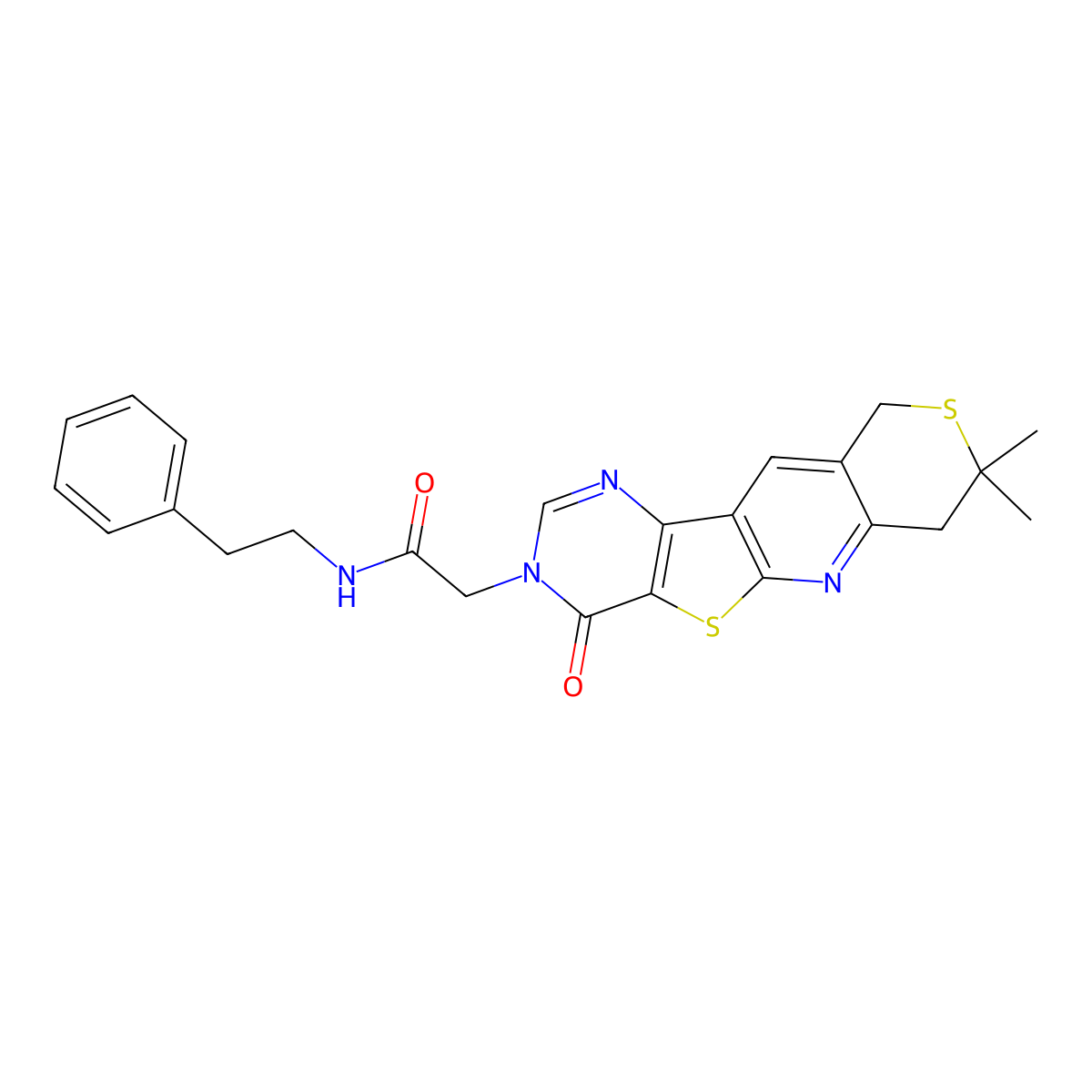 2-(8,8-dimethyl-4-oxo-4,7,8,10-tetrahydro-3H-thiopyrano[3'',4'':5',6']pyrido[3',2':4,5]thieno[3,2-d]pyrimidin-3-yl)-N-phenethylacetamide molecular structure, CAS 838851-98-2