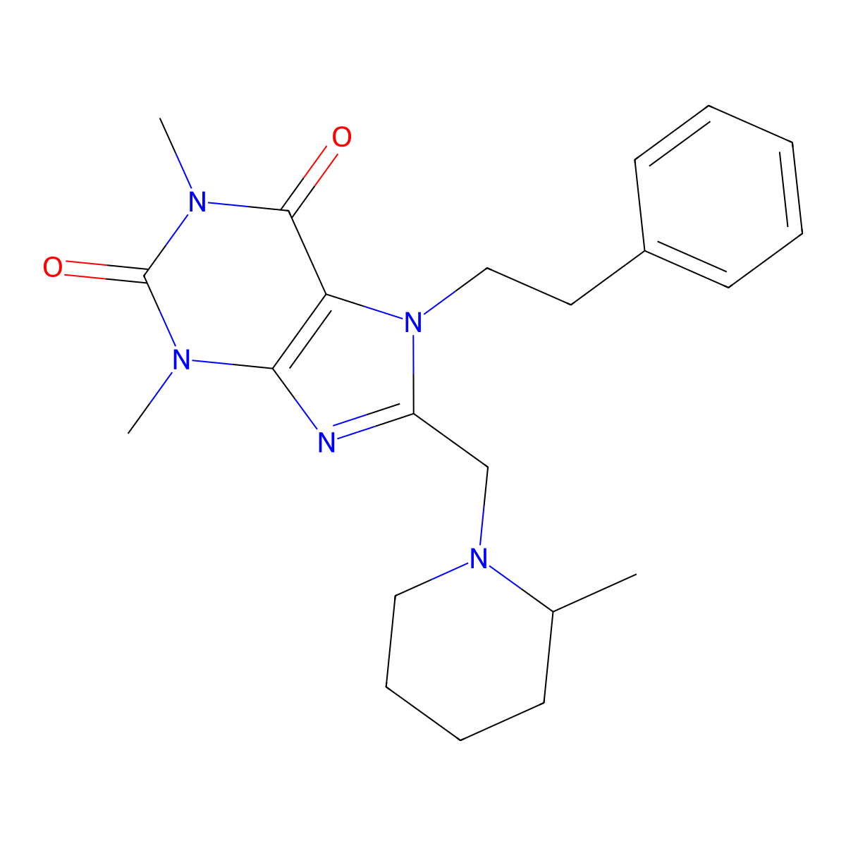 1,3-dimethyl-8-[(2-methylpiperidin-1-yl)methyl]-7-(2-phenylethyl)-3,7-dihydro-1H-purine-2,6-dione molecular structure, CAS 838865-50-2