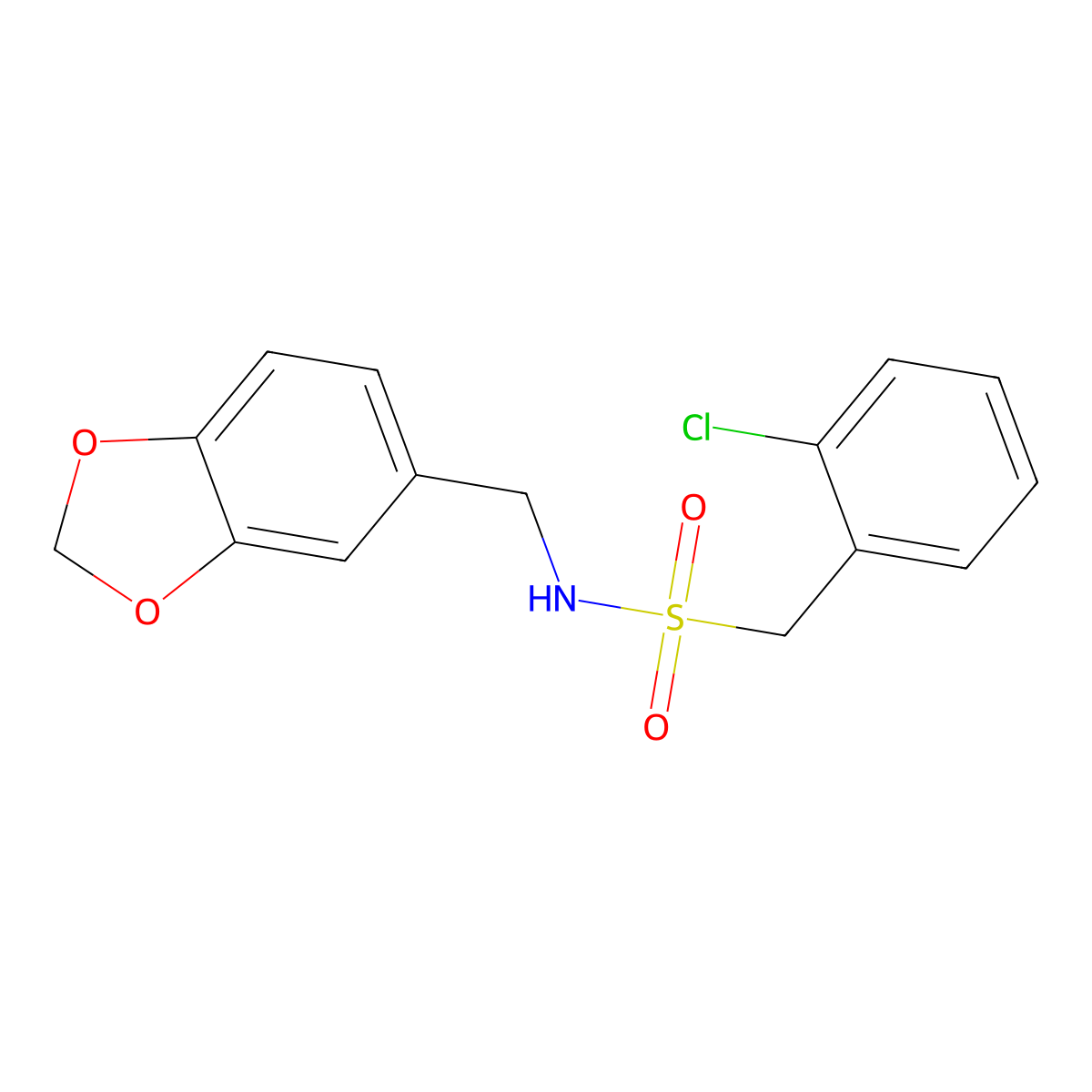 N-(1,3-benzodioxol-5-ylmethyl)-1-(2-chlorophenyl)methanesulfonamide molecular structure, CAS 838866-19-6