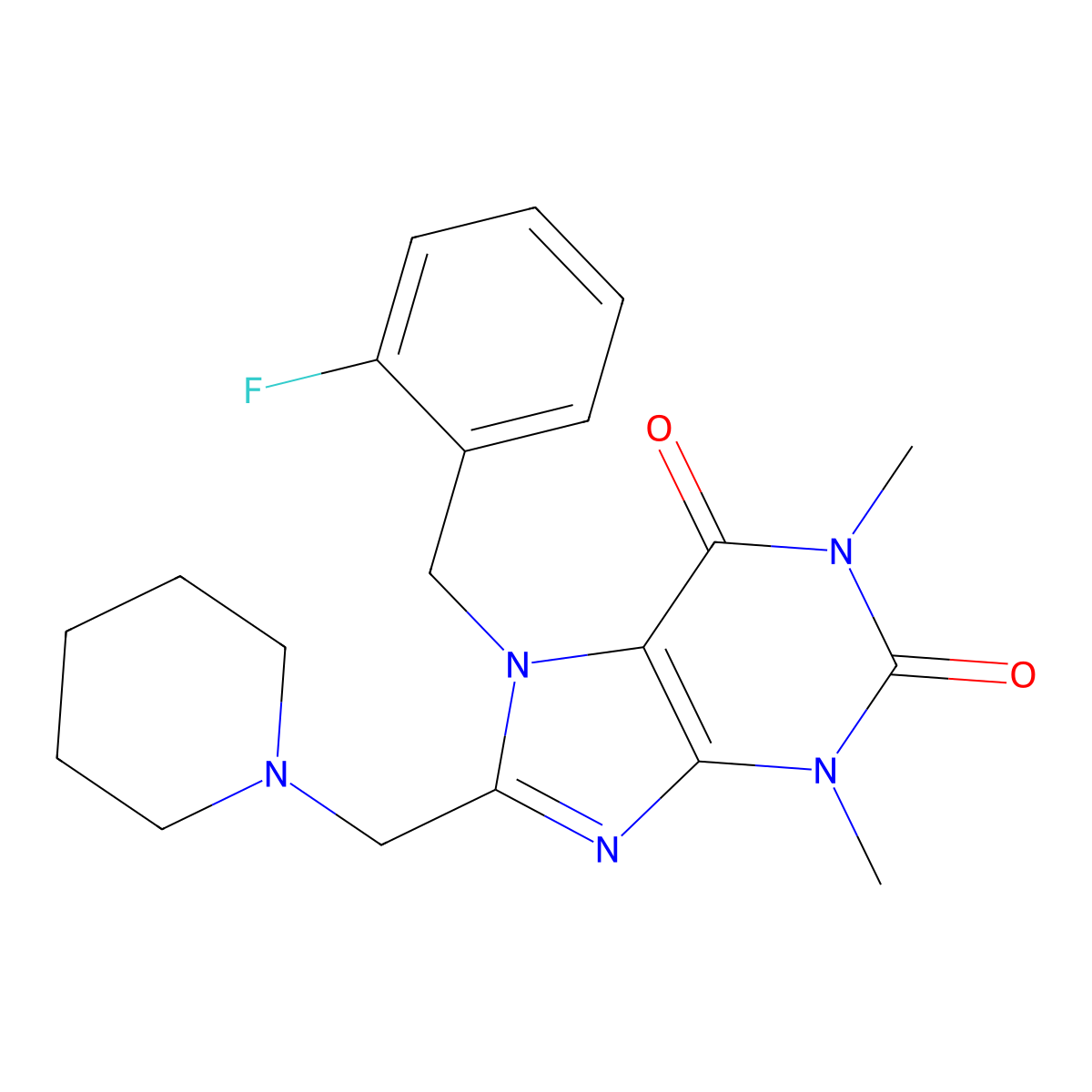 7-(2-fluorobenzyl)-1,3-dimethyl-8-(piperidin-1-ylmethyl)-3,7-dihydro-1H-purine-2,6-dione molecular structure, CAS 838866-38-9