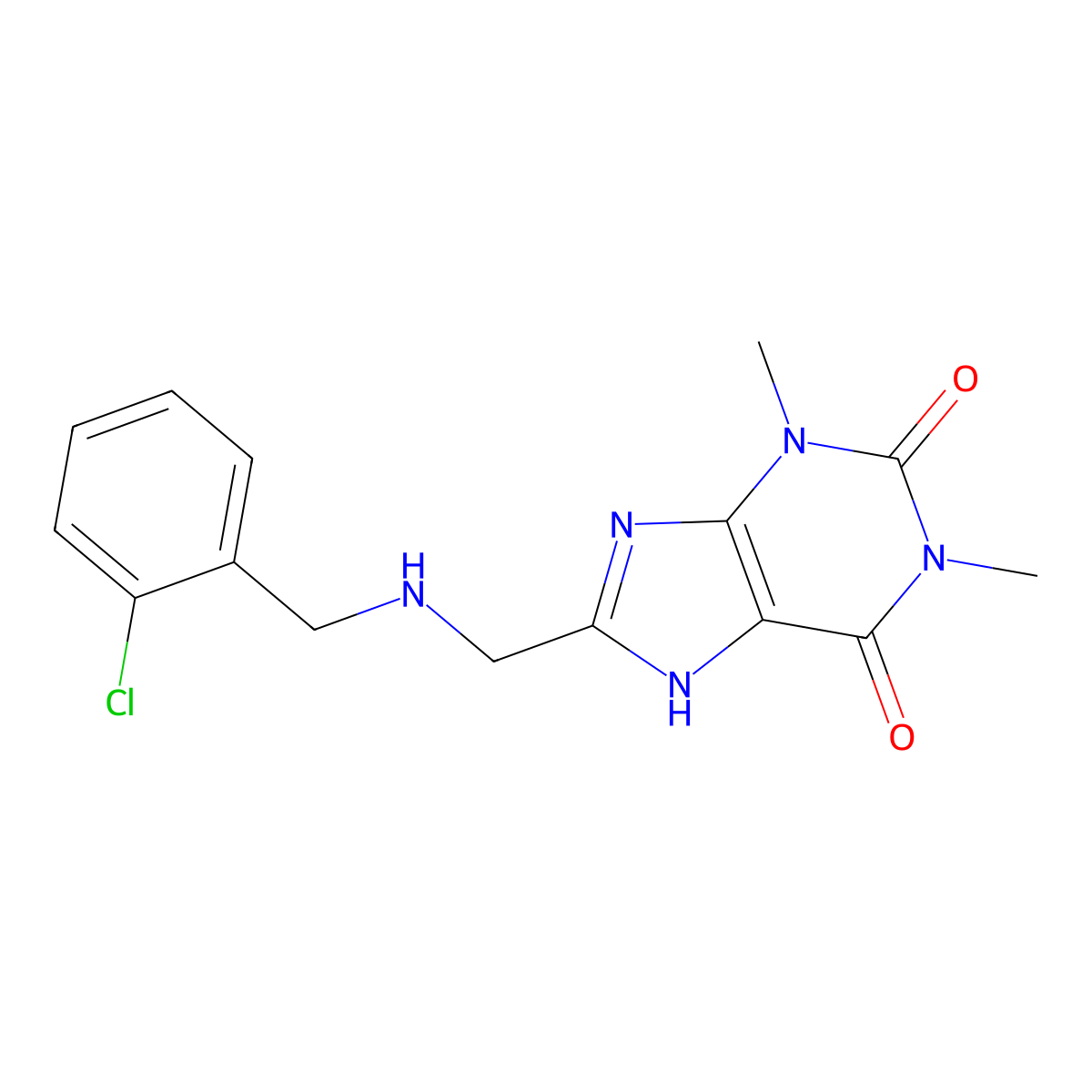 8-(((2-chlorobenzyl)amino)methyl)-1,3-dimethyl-1H-purine-2,6(3H,7H)-dione molecular structure, CAS 838866-39-0