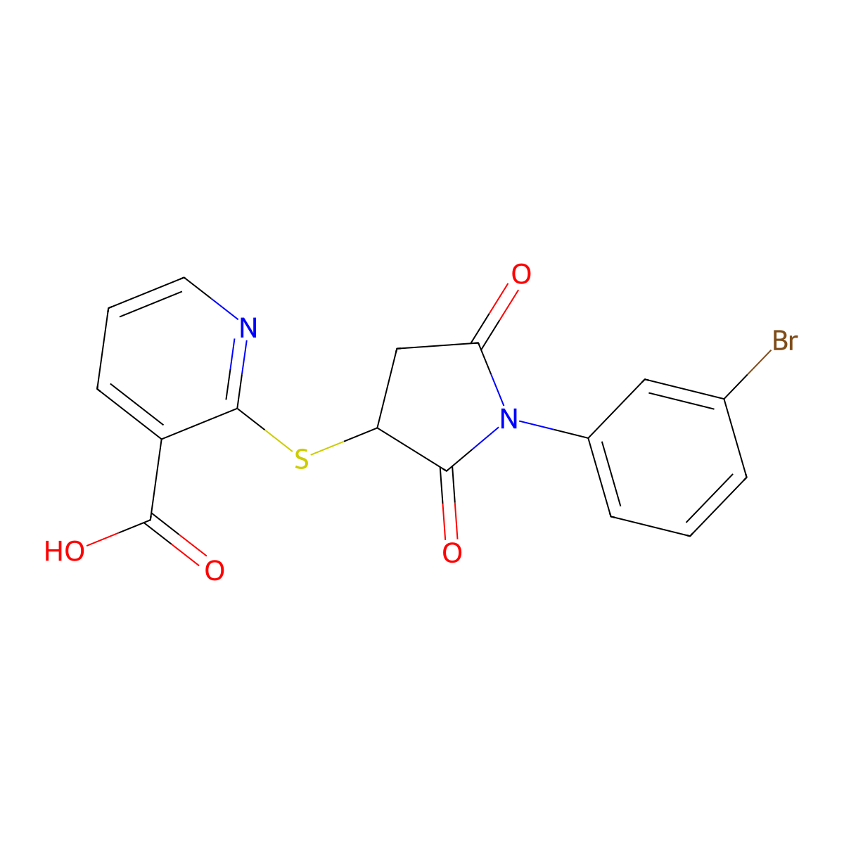 2-((1-(3-Bromophenyl)-2,5-dioxopyrrolidin-3-yl)thio)nicotinic acid molecular structure, CAS 838866-99-2