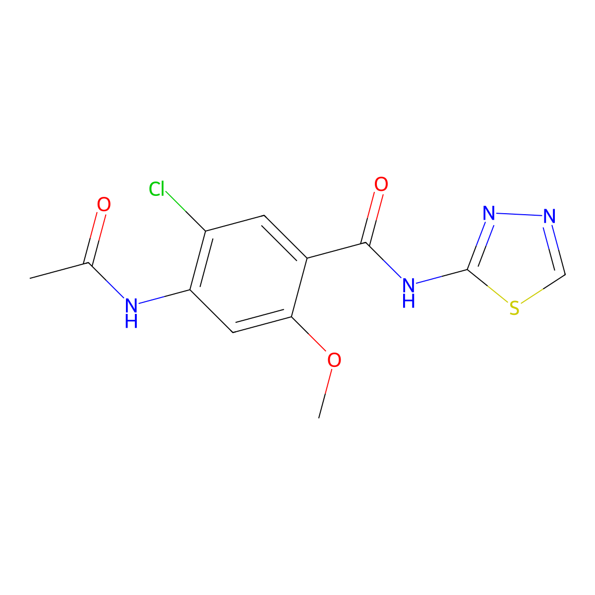 4-acetamido-5-chloro-2-methoxy-N-(1,3,4-thiadiazol-2-yl)benzamide molecular structure, CAS 838867-24-6