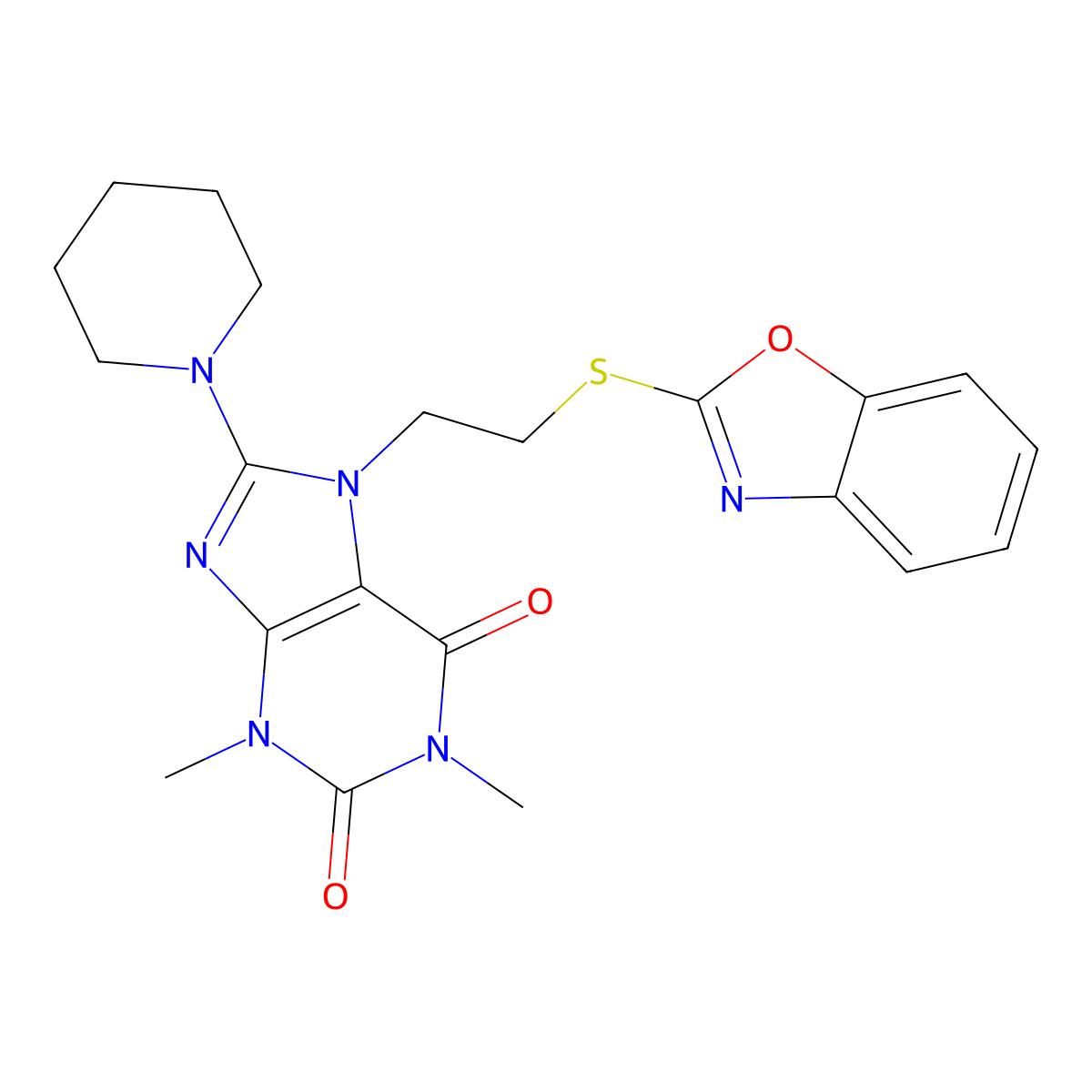 7-(2-(benzo[d]oxazol-2-ylthio)ethyl)-1,3-dimethyl-8-(piperidin-1-yl)-1H-purine-2,6(3H,7H)-dione molecular structure, CAS 838867-55-3