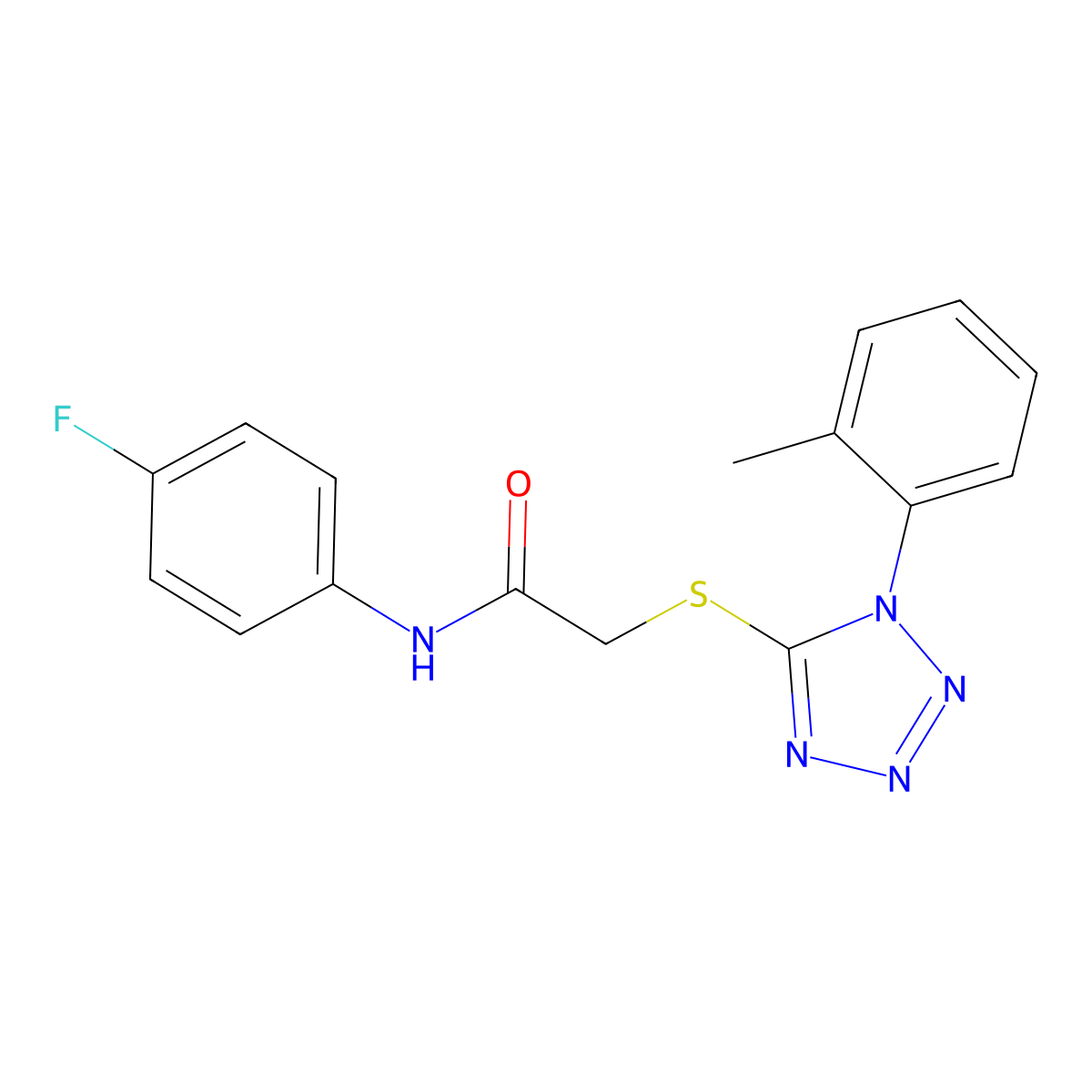 N-(4-fluorophenyl)-2-[1-(2-methylphenyl)tetrazol-5-yl]sulfanylacetamide molecular structure, CAS 838868-65-8