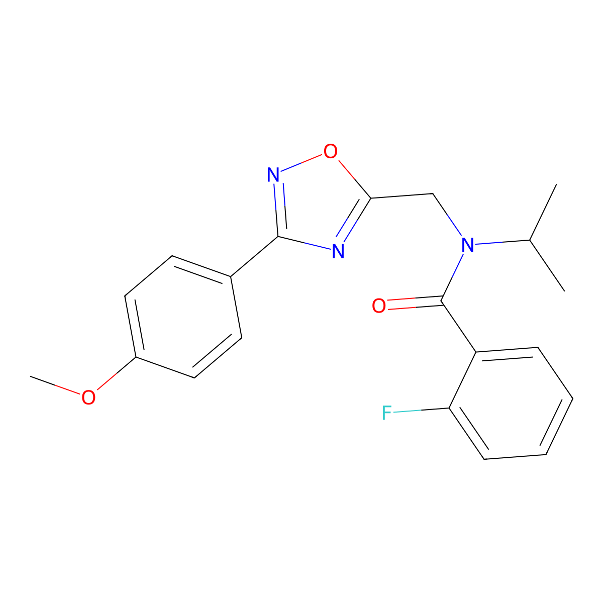 2-fluoro-N-[[3-(4-methoxyphenyl)-1,2,4-oxadiazol-5-yl]methyl]-N-propan-2-ylbenzamide molecular structure, CAS 838868-99-8