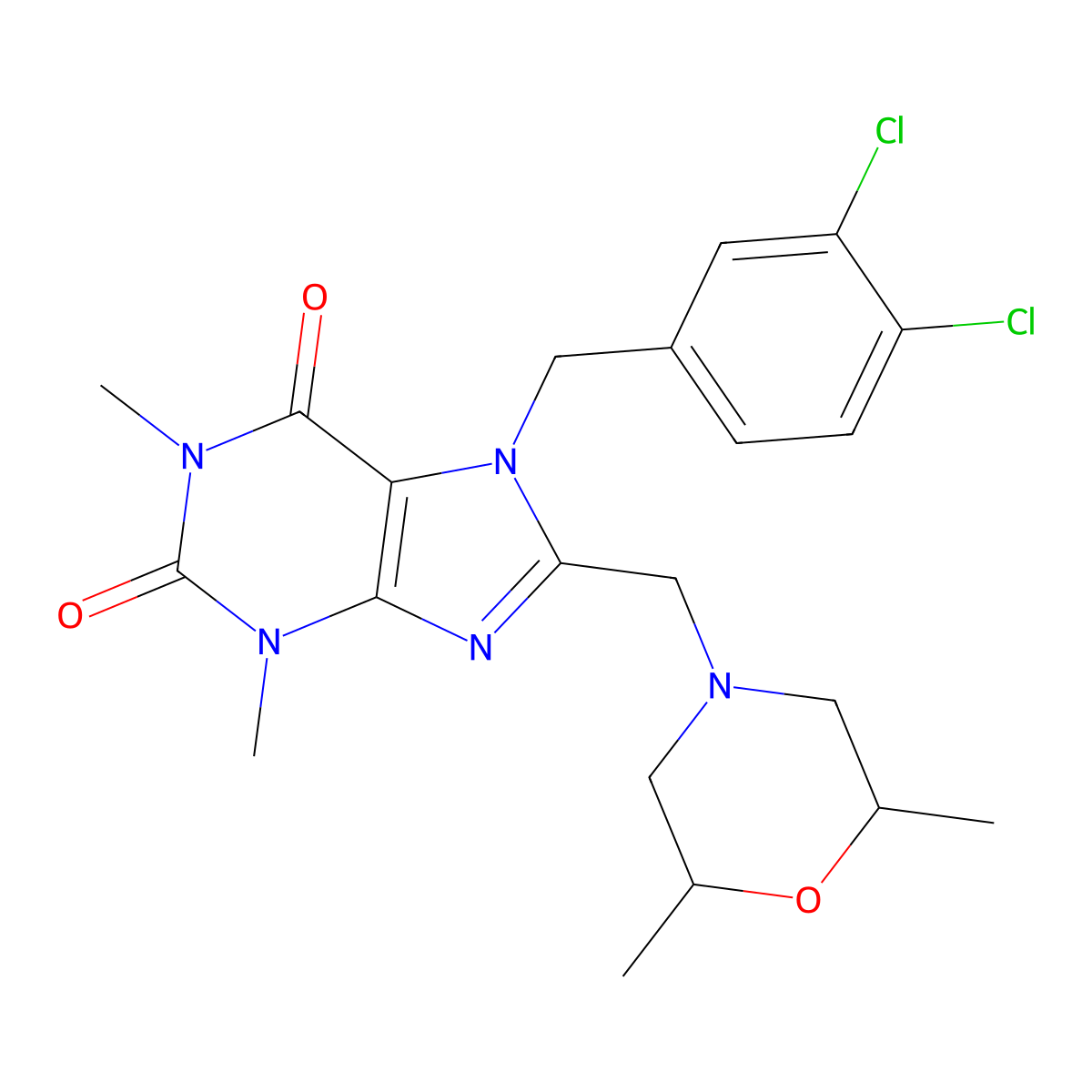 7-(3,4-dichlorobenzyl)-8-((2,6-dimethylmorpholino)methyl)-1,3-dimethyl-1H-purine-2,6(3H,7H)-dione molecular structure, CAS 838870-75-0
