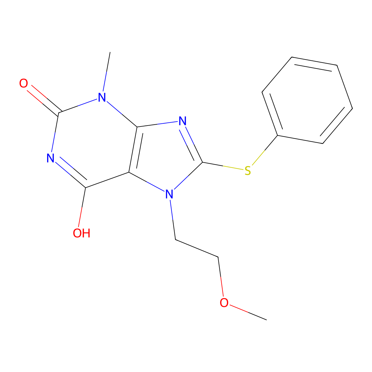 7-(2-Methoxyethyl)-3-methyl-8-(phenylthio)purine-2,6-dione molecular structure, CAS 838870-80-7
