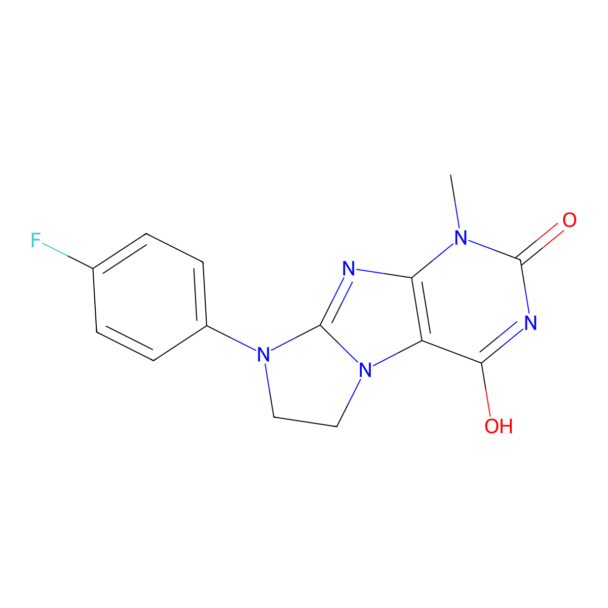 8-(4-Fluorophenyl)-1-methyl-1,3,5-trihydroimidazolidino[1,2-h]purine-2,4-dione molecular structure, CAS 838871-20-8