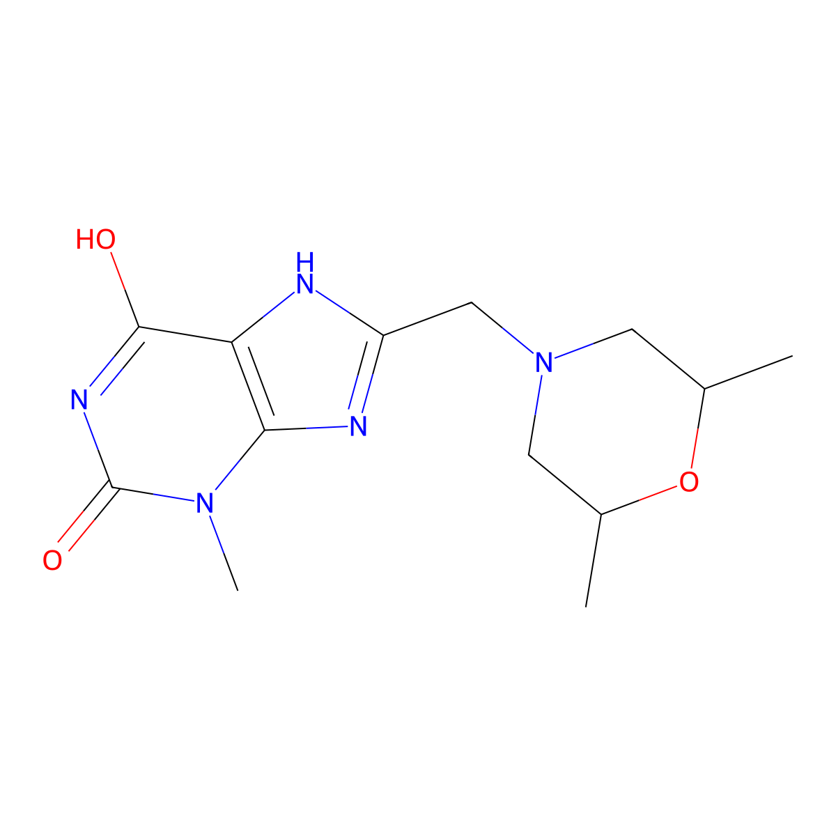 8-[(2,6-dimethylmorpholin-4-yl)methyl]-3-methyl-7H-purine-2,6-dione molecular structure, CAS 838873-58-8