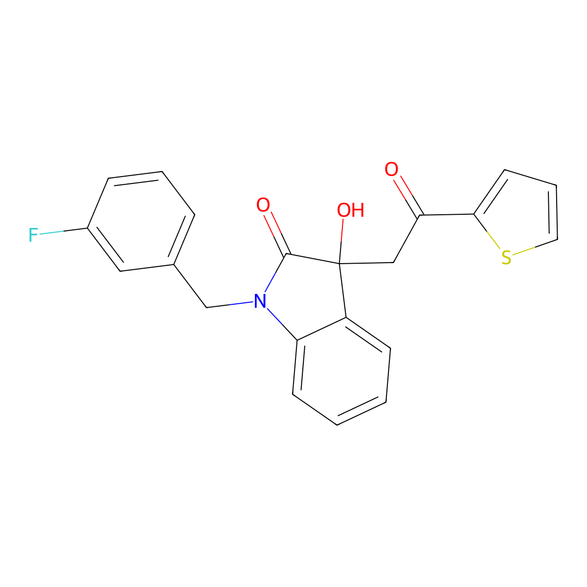 1-[(3-Fluorophenyl)methyl]-3-hydroxy-3-(2-oxo-2-thiophen-2-ylethyl)indol-2-one molecular structure, CAS 838874-64-9