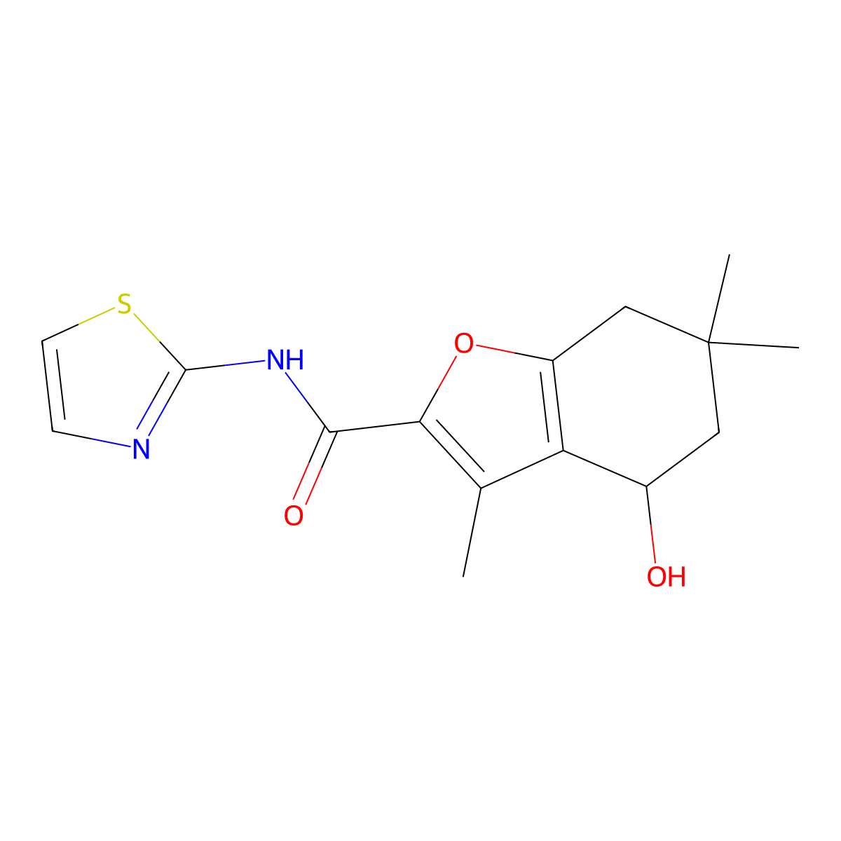4-hydroxy-3,6,6-trimethyl-N-(1,3-thiazol-2-yl)-4,5,6,7-tetrahydro-1-benzofuran-2-carboxamide molecular structure, CAS 838874-92-3