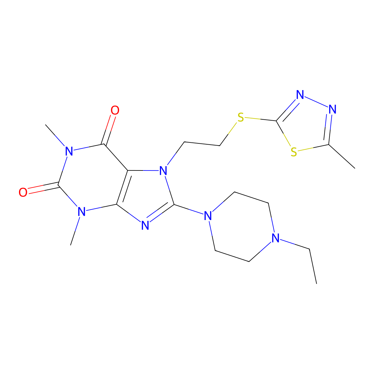8-(4-ethylpiperazin-1-yl)-1,3-dimethyl-7-(2-((5-methyl-1,3,4-thiadiazol-2-yl)thio)ethyl)-1H-purine-2,6(3H,7H)-dione molecular structure, CAS 838875-52-8