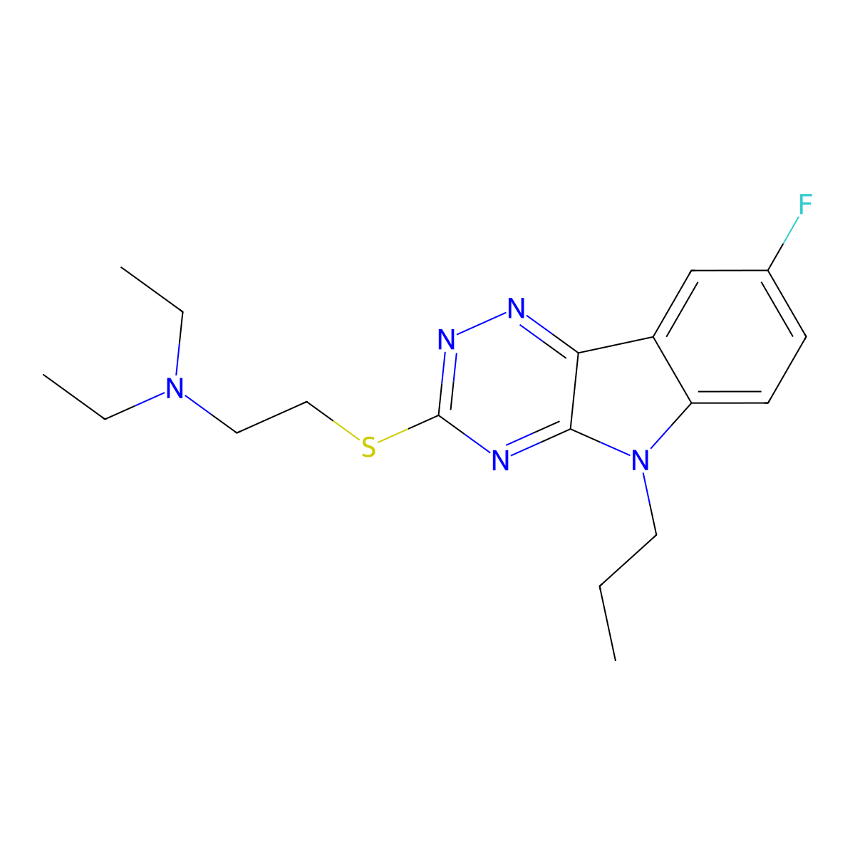 N,N-diethyl-2-[(8-fluoro-5-propyl-[1,2,4]triazino[5,6-b]indol-3-yl)sulfanyl]ethanamine molecular structure, CAS 838875-86-8