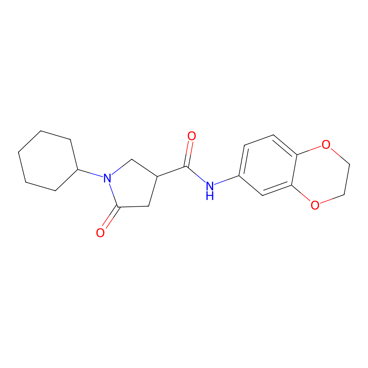 1-cyclohexyl-N-(2,3-dihydro-1,4-benzodioxin-6-yl)-5-oxopyrrolidine-3-carboxamide molecular structure, CAS 838879-82-6