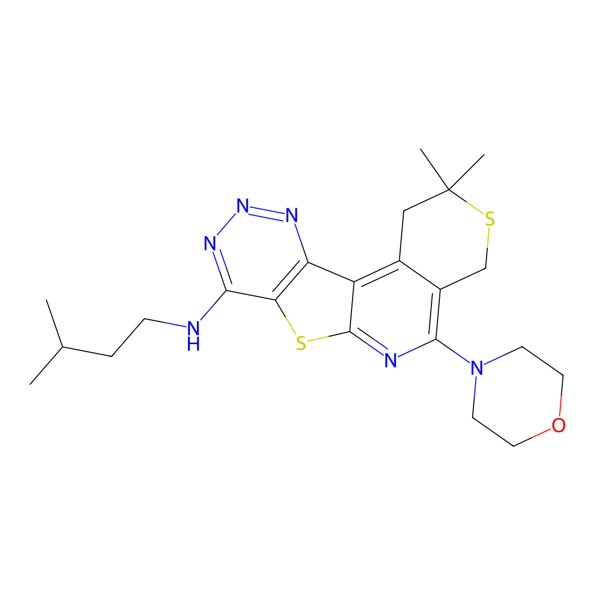 (2,2-Dimethyl-5-morpholin-4-yl-1,4-dihydro-2H-3,7-dithia-6,9,10,11-tetraaza-benzo[c]fluoren-8-yl)-(3-m ethyl-butyl)-amine molecular structure, CAS 838879-89-3