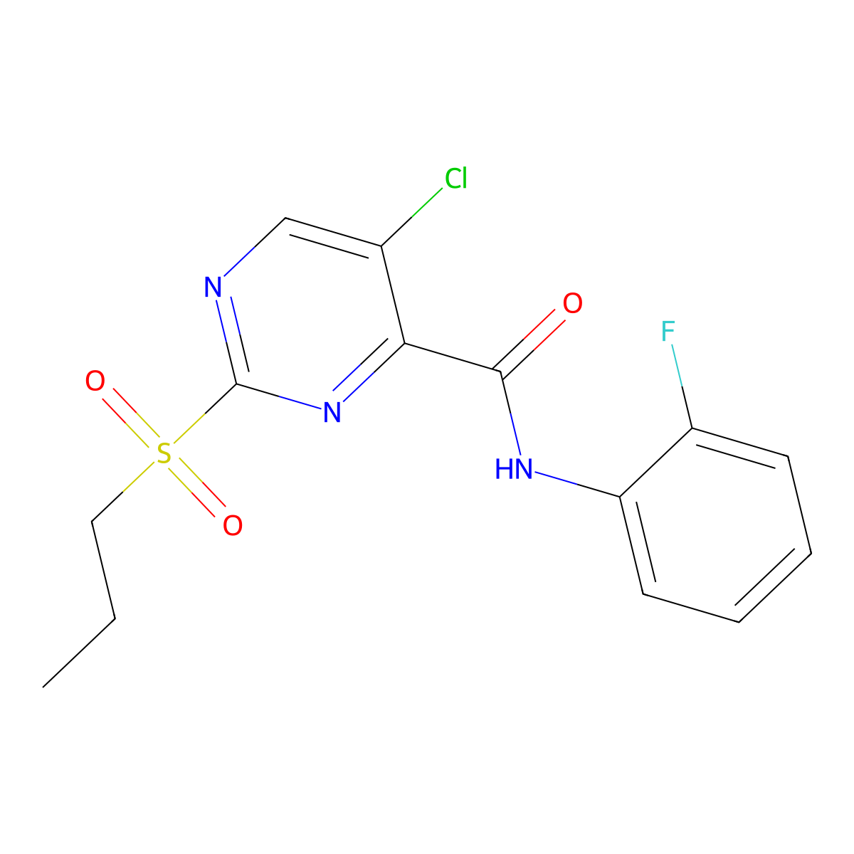 5-chloro-N-(2-fluorophenyl)-2-propylsulfonylpyrimidine-4-carboxamide molecular structure, CAS 838879-98-4