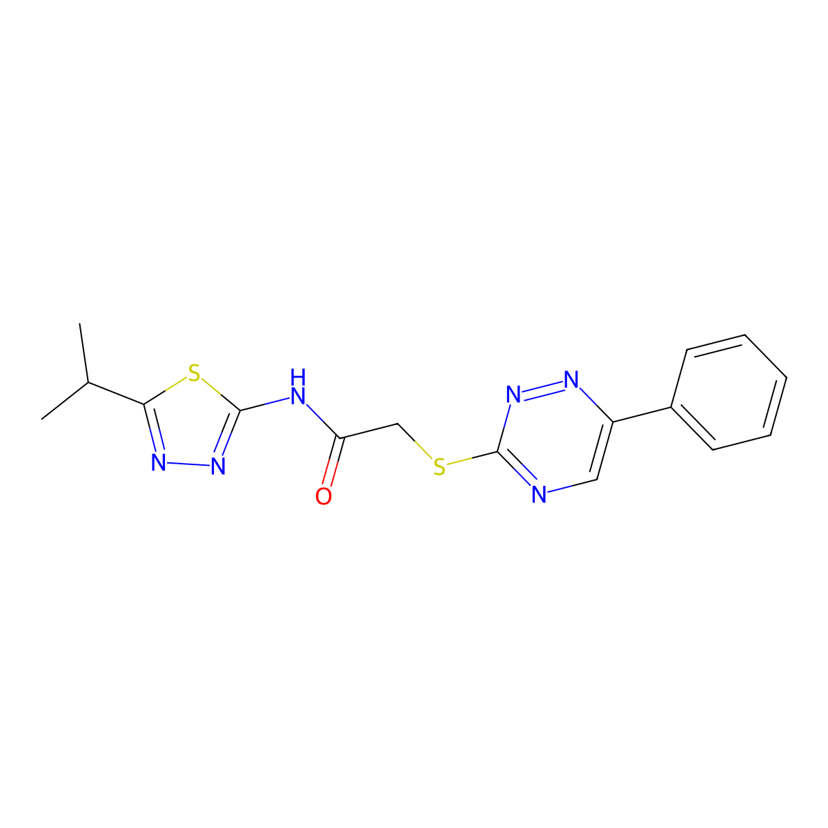 2-[(6-phenyl-1,2,4-triazin-3-yl)sulfanyl]-N-(5-propan-2-yl-1,3,4-thiadiazol-2-yl)acetamide molecular structure, CAS 838880-07-2